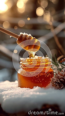 Winter wellness Honey jar, a soothing remedy for winter colds Stock Photo