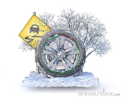 Winter wheel on the piece of snowy ground Cartoon Illustration