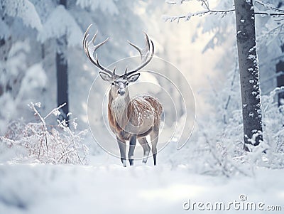 Winter wildlife landscape with noble deers Cervus Elaphus. Deer with large Horns with snow on the foreground Cartoon Illustration