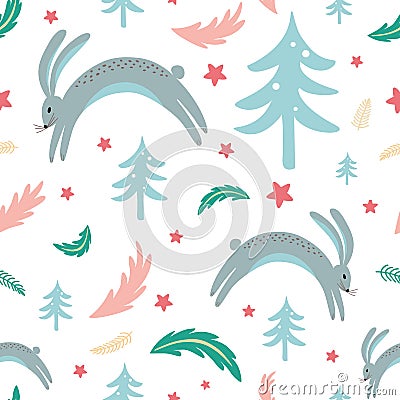 Seamless pattern rabbit bunny forest elements hand drawn coniferous branch Christmas texture vector Vector Illustration