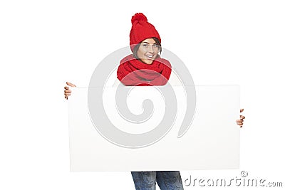 Winter woman with banner Stock Photo