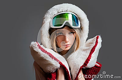 Winter woman with snow goggles posing at studio snowboard. Female snowboarder portrait. Stock Photo