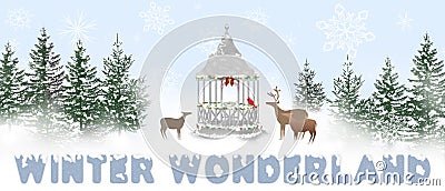 Winter Wonderlan Scene (Illustration - deer, snow gazebo) Cartoon Illustration