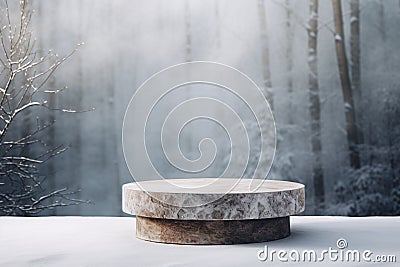 Winter Wonderland, Empty Stone Pedestal on Snow Covered Ground Stock Photo