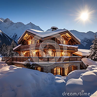Winter Wonderland: Enchanting Chalet in Snowy Alpine Ski Resort Stock Photo