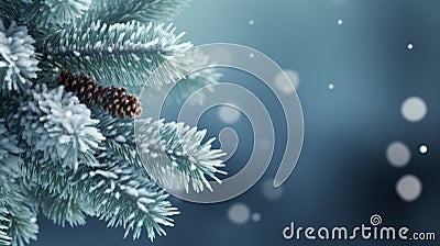 Winter wonderland with frosted spruce branches, snow drifts, bokeh lights, and text space Stock Photo