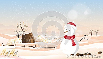 Winter wonderland landscape with snow man and wood barn in farm fields,Vector Cute cartoon seasonal in countryside with bokeh Vector Illustration
