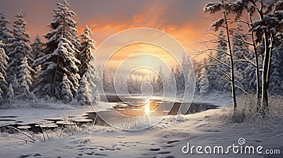 Winter Wonderland: A Photorealistic Digital Painting Of Shawinigan's Snowy Lake Stock Photo