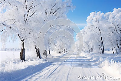 Winter Wonderland. Serpentine Road Amidst Frost-Blanketed Trees in a Breathtaking Landscape Stock Photo