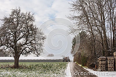 Winter Wonderland: Snow-Covered European Village Countryside. A Snow-Covered European Village in the Picturesque Stock Photo