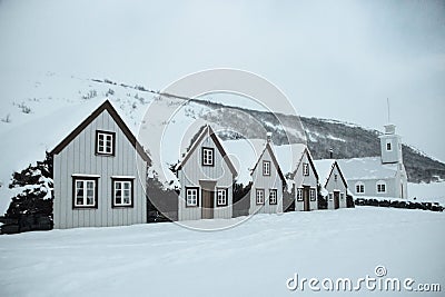 Winter wonderland snow panorama nature landscape at Laufas Museum Eyjafjordur Grytubakki near Akureyri Northern Iceland Stock Photo