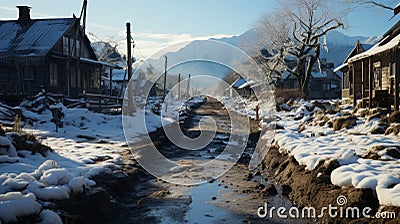 Winter Wonderland: Traditional Japanese Village Amidst Snowy Mountains Stock Photo