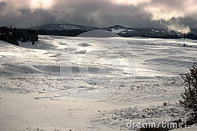 Winter wonderland, a true christmas landscape at Wyoming ranch during sunset Stock Photo