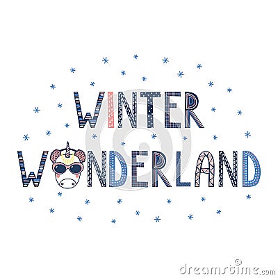 Winter wonderland unicorn poster Vector Illustration