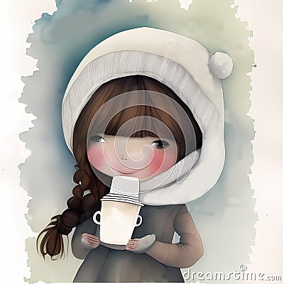 Winter Wonderland - Watercolor Portrait of a Girl in the Snow with a Coffee Cup Stock Photo