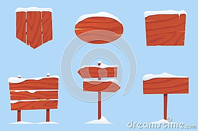 Winter wood sign boards. Cartoon planks covered snow. Christmas pointers. Vintage snowy signposts. Textured game Vector Illustration