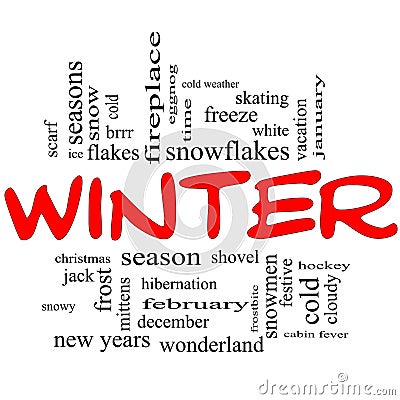 Winter Word Cloud Concept in Red Caps Stock Photo