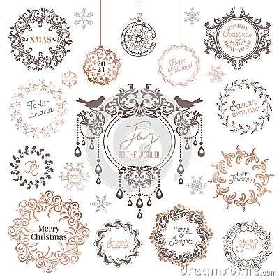 Winter Wreath, Christmas Vintage typographic, New year labels, badges, Calligraphic Design Elements Vector Illustration