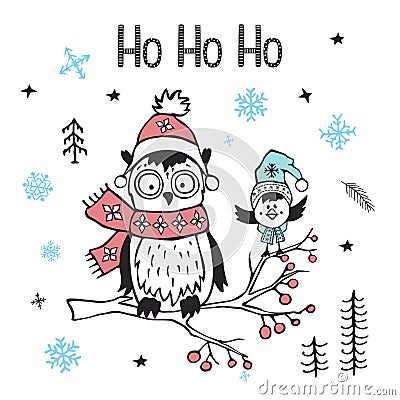 Winter xmas christmas happy new year greeting card with cute funny arctic owl and bird Vector Illustration