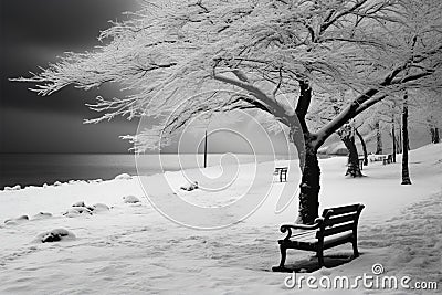 Winters melancholy, trees stand in solemn black and white silence Stock Photo