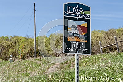 Sign for the Iowa Byways - Covered Bridges Scenic Byway Editorial Stock Photo