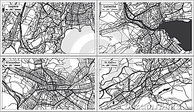 Winterthur, Lucerne, St. Gallen and Lugano Switzerland City Maps Set in Black and White Color Stock Photo