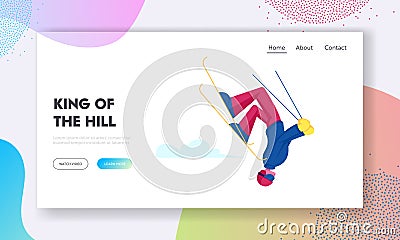 Wintertime Activity and Extreme Outdoors Skiing Sport Website Landing Page. Character Making Freestyle Stunt Jumping Vector Illustration
