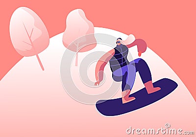 Wintertime Activity and Extreme Outdoors Snowboarding Sport. Young Woman in Warm Sportive Costume Making Stunt Vector Illustration