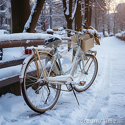 Wintertime charm Vintage bike adorned with snow, nostalgic scene Stock Photo