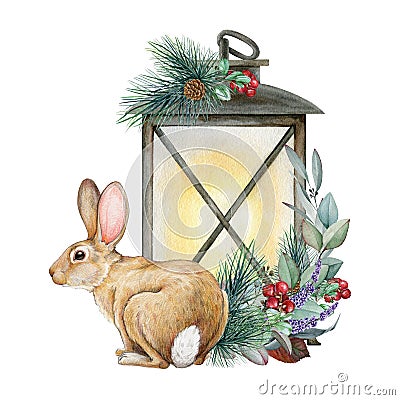 Wintertime floral decor with bunny and lantern. Watercolor illustration. Hand drawn cute small rabbit with pine Cartoon Illustration