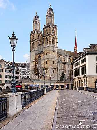 Wintertime view along Munsterbrucke bridge in Zurich Editorial Stock Photo