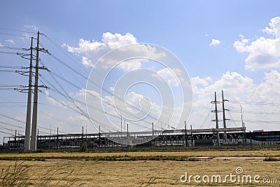 Wintrack electricity poles and wires at power station at Bleiswijk Editorial Stock Photo