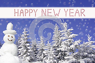 Wintry forest and smiling snowman, happy new year text Stock Photo