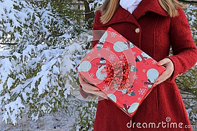 Wintry image of young woman wearing red coat and holding wrapped present Stock Photo