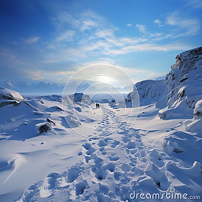 Wintry trek Footprints ascend hill as humans venture through snow covered landscape Stock Photo