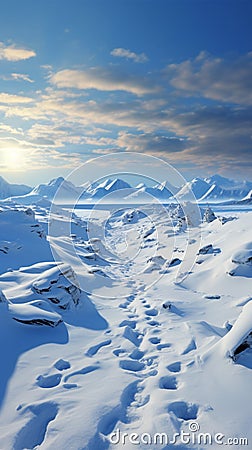 Wintry trek Footprints ascend hill as humans venture through snow covered landscape Stock Photo