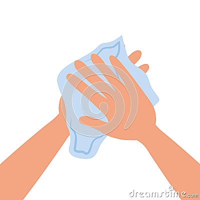 Wipe your hand with damp cloth. Wipe skin paper tissue. Wash hand. Personal hygiene. White napkin. Vector illustration flat design Cartoon Illustration