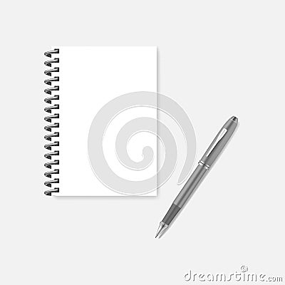 Spiral empty white A5 diary with ballpoint pen, realistic vector mockup Vector Illustration