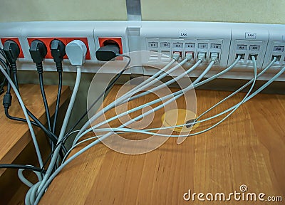 Wire and connectors connected to the server connectors Stock Photo