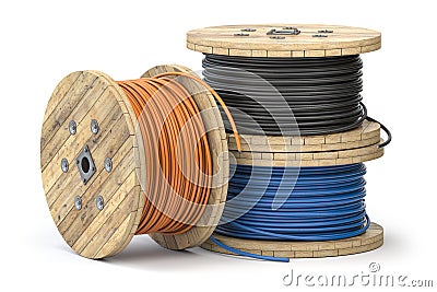 Wire electric cable of different colors on wooden coil or spool isolated on white background Cartoon Illustration