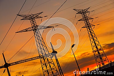 Wire electrical energy plant at sunset Stock Photo