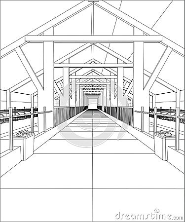 Wire-frame industrial building indoor on the white. Tracing illustration of 3d Vector Illustration
