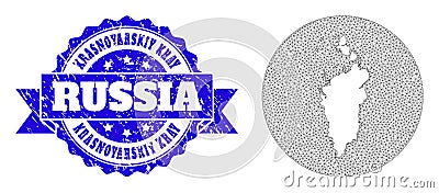 Wire Frame Mesh Circle Hole Map of Krasnoyarskiy Kray with Grunge Stamp Seal Stock Photo