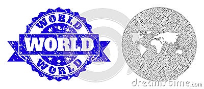 Wire Frame Mesh Circle Inverted Map of World with Scratched Stamp Seal Stock Photo