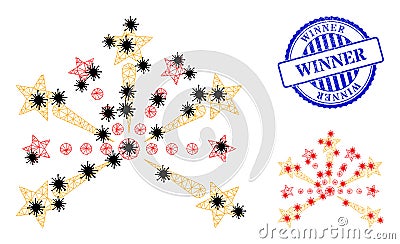 Wire Frame Mesh Pyrotechnic Salute Icons with Flu Nodes and Grunge Round Winner Seal Vector Illustration