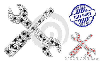 Wire Frame Mesh Screwdriver and Wrench Icons with Virus Items and Grunge Round ISO 9001 Stamp Seal Vector Illustration