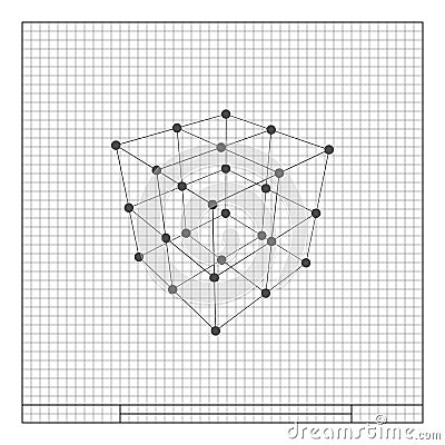 Wire frame Polygonal Element. Cube with Lines and Dots Cartoon Illustration