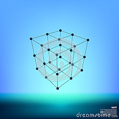 Wire frame Polygonal Element. Cube with Lines and Dots Cartoon Illustration