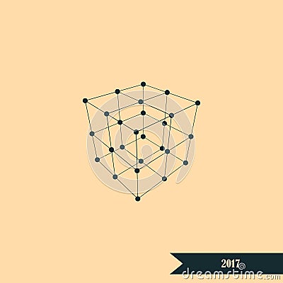 Wire frame Polygonal Element. Cube with Lines and Dots Cartoon Illustration