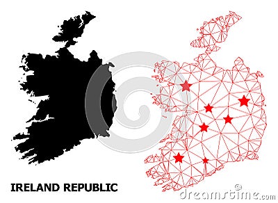 Wire Frame Polygonal Map of Ireland Republic with Red Stars Vector Illustration